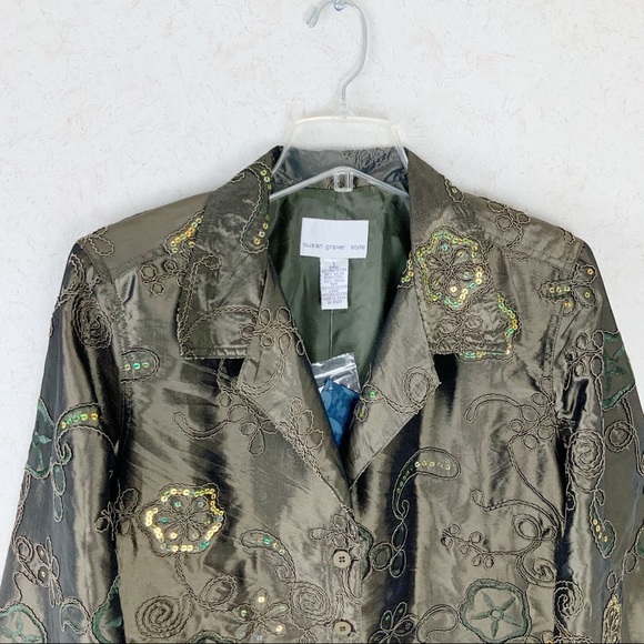 Susan Graver Sequin Taffeta Jacket Sage Green Floral Embroidery Holiday - Picture 4 of 11